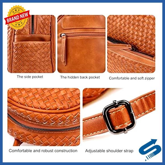 Woven Vegan Leather Mini Backpack Purse Chic Travel Daypack Adjustable Straps main image 5